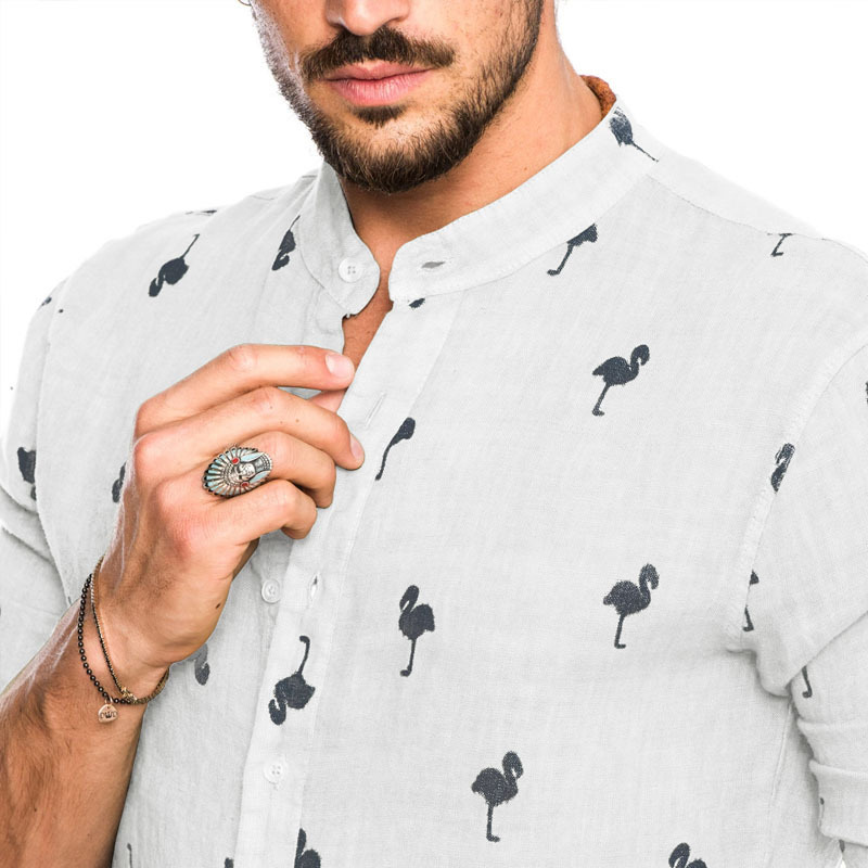 Men's linen long sleeve flamingos print shirt