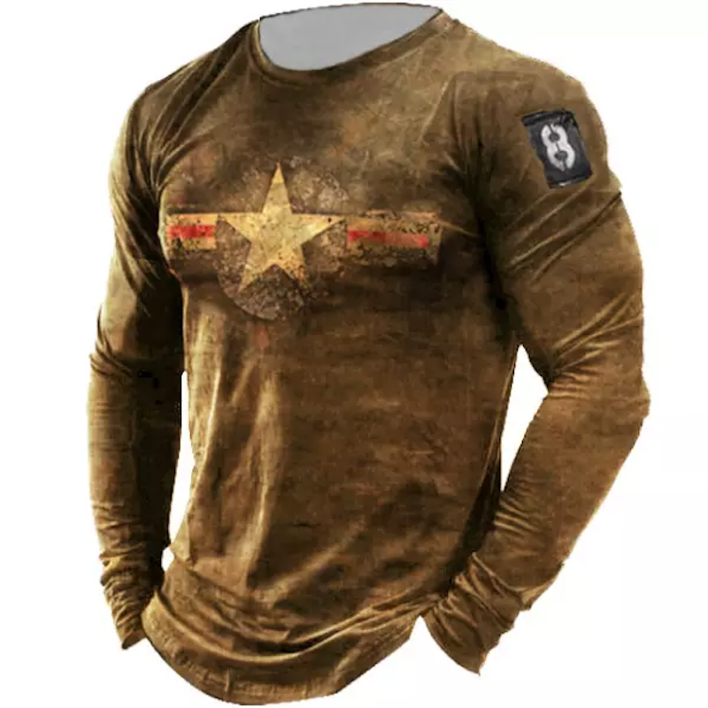 Men's Retro American Stars Print Long Sleeve Sports T-Shirt