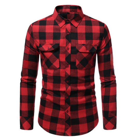 Casual frosted plaid dual-pocket long sleeve shirt