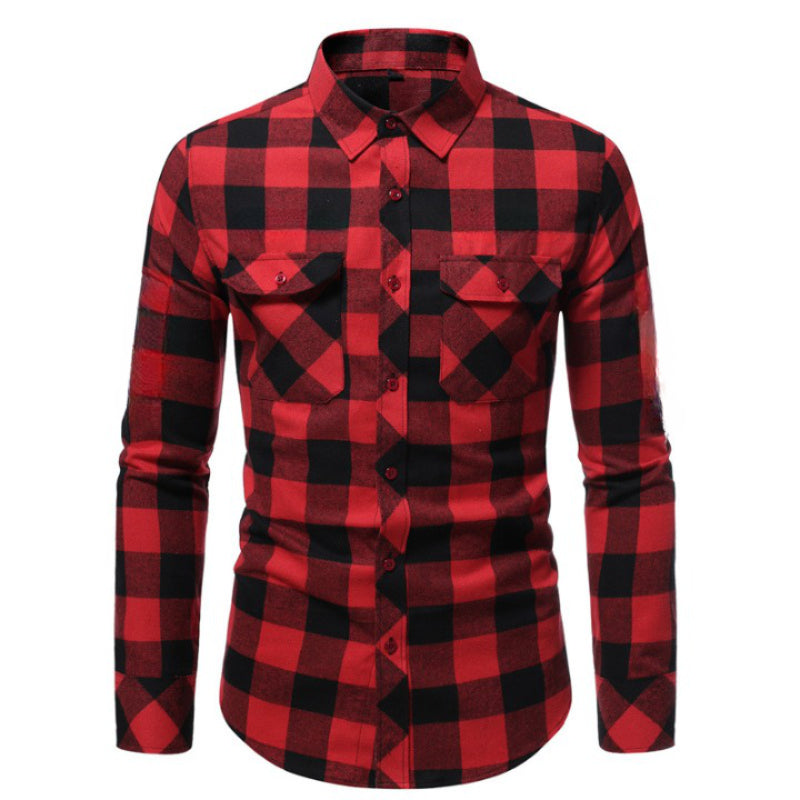 Casual frosted plaid dual-pocket long sleeve shirt