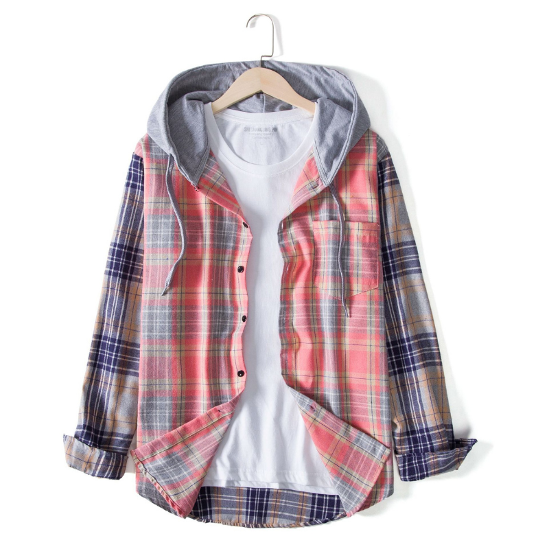 Patchwork long sleeve casual plaid tooling shirt