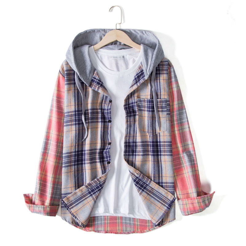 Patchwork long sleeve casual plaid tooling shirt