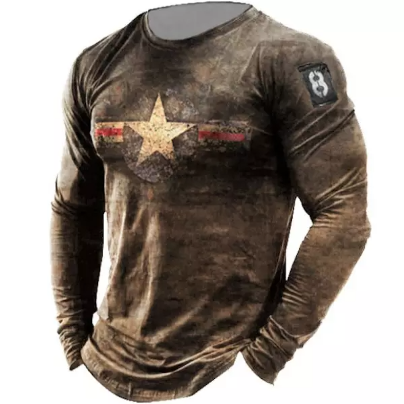 Men's Retro American Stars Print Long Sleeve Sports T-Shirt