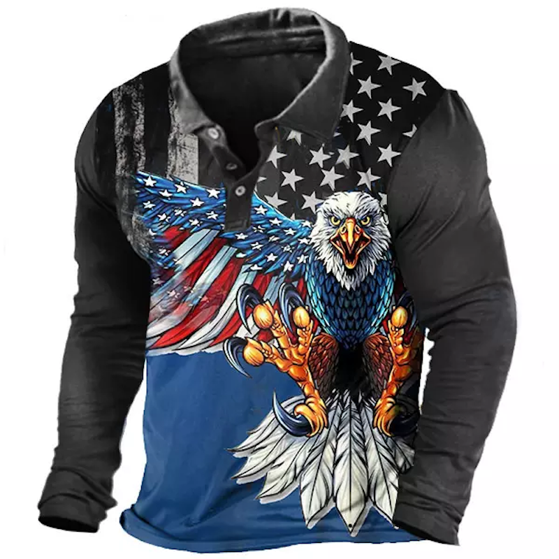 Men's Route 66 American Eagle Print Long Sleeve Polo Shirt