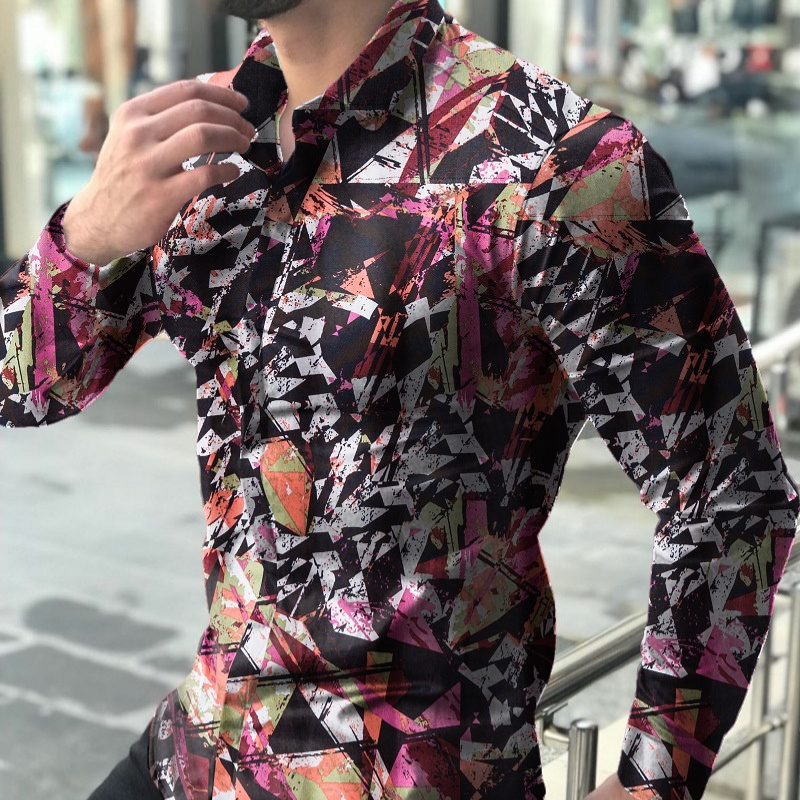 Men's geometric print casual long sleeve shirt