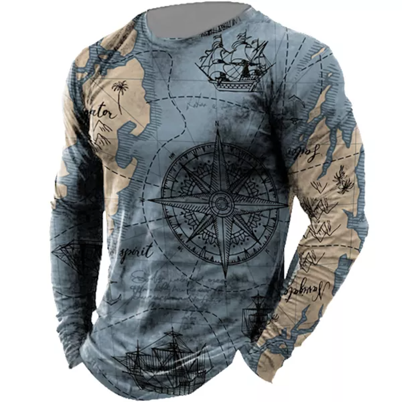 Men's Vintage Map Compass Print T-Shirt