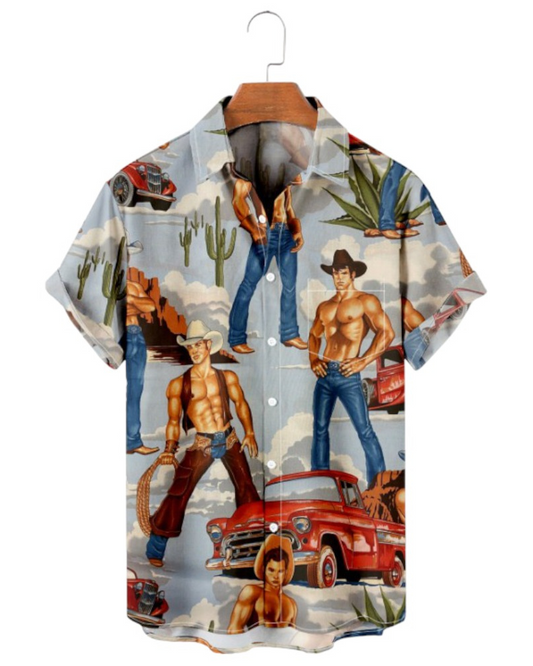 Vintage Western Car Print Short Sleeve Shirt