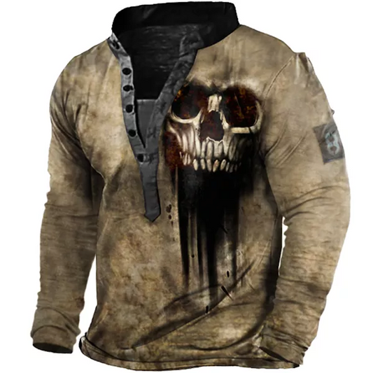 Men's Vintage Skull Print Henley Collar Long Sleeve T-Shirt