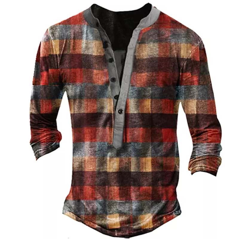 Retro Plaid Men's Henley Button Shirt