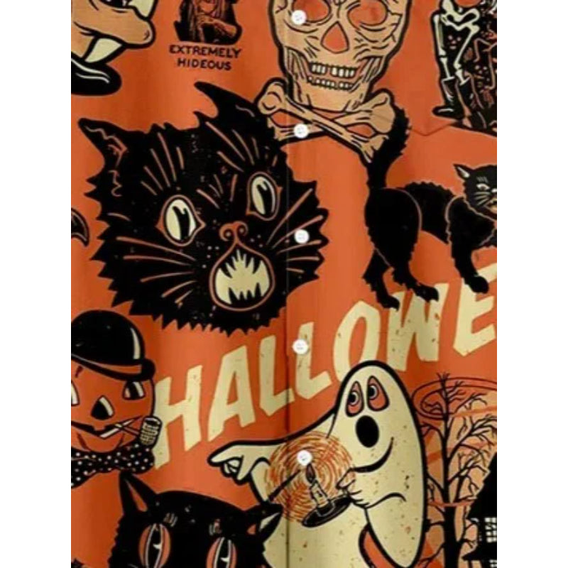 Men's Halloween Cat Print Casual Breathable Short Sleeve Shirt