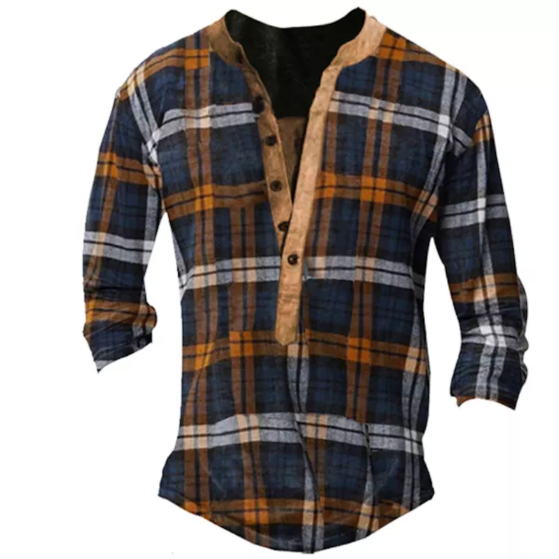 Retro Plaid Men's Henley Button Shirt