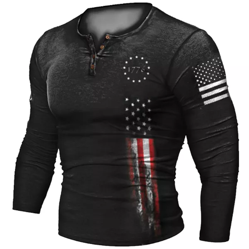 Men's 1776 Patriotic Print Henley Collar Long Sleeve T-Shirt