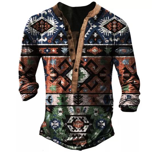 Men's Ethnic Print Henley Collar T-shirt