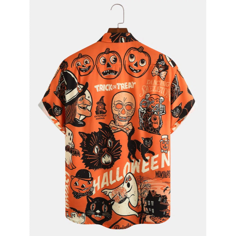 Men's Halloween Cat Print Casual Breathable Short Sleeve Shirt